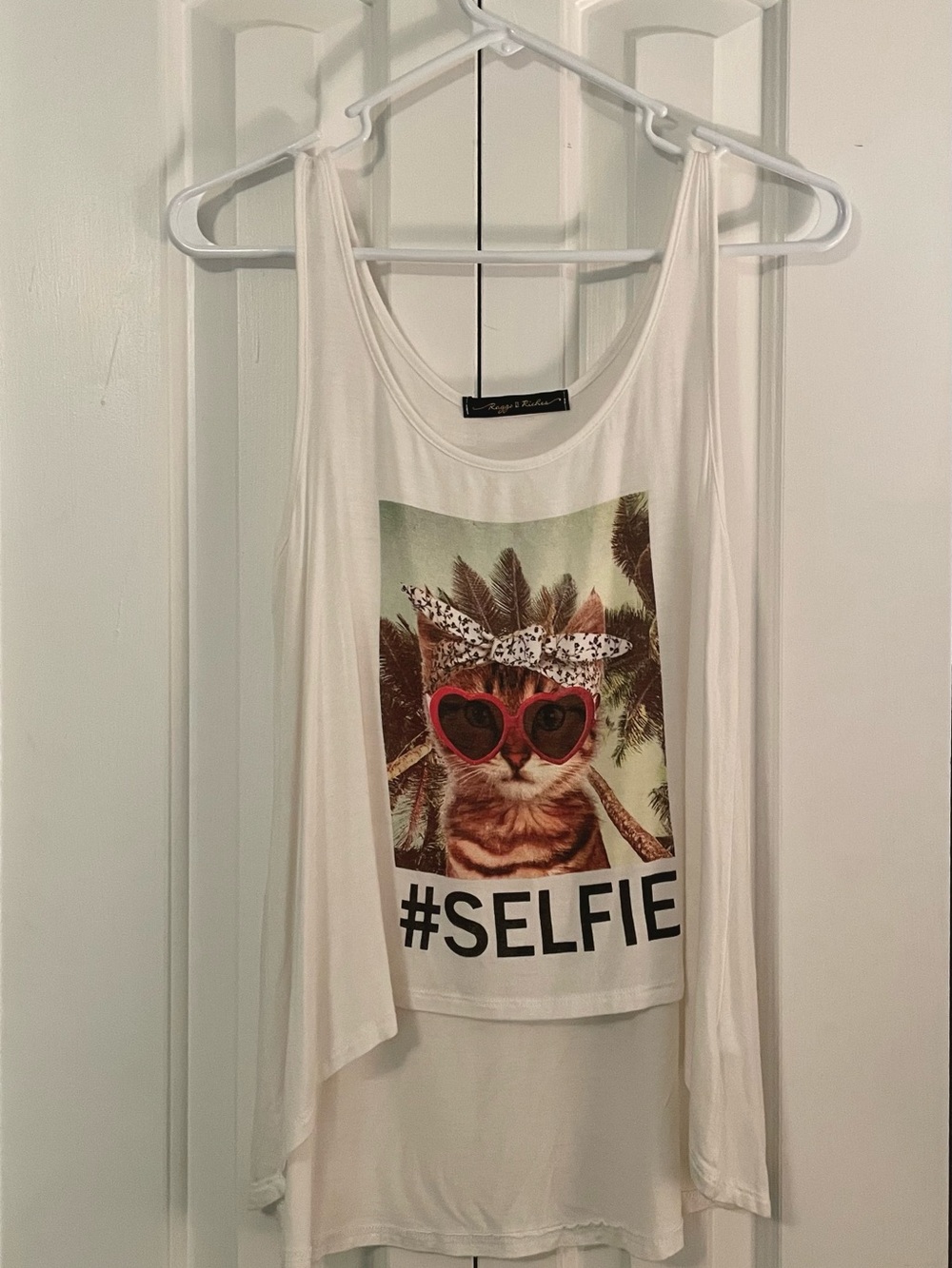 Rags to Raches White Tank Top with Cat #SELFIE Graphic